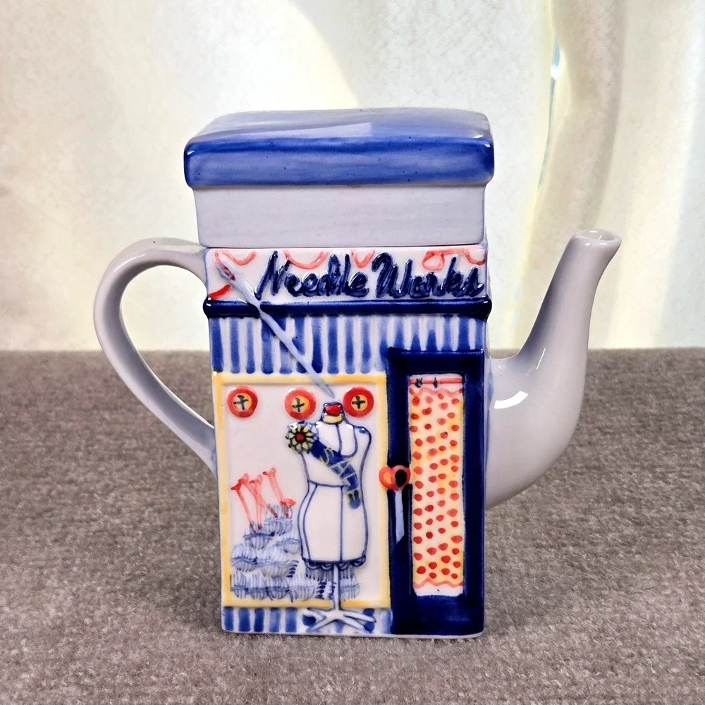 Needle Works Sewing Shop Decorative Teapot Blue White Ceramic Novelty Dress Form
